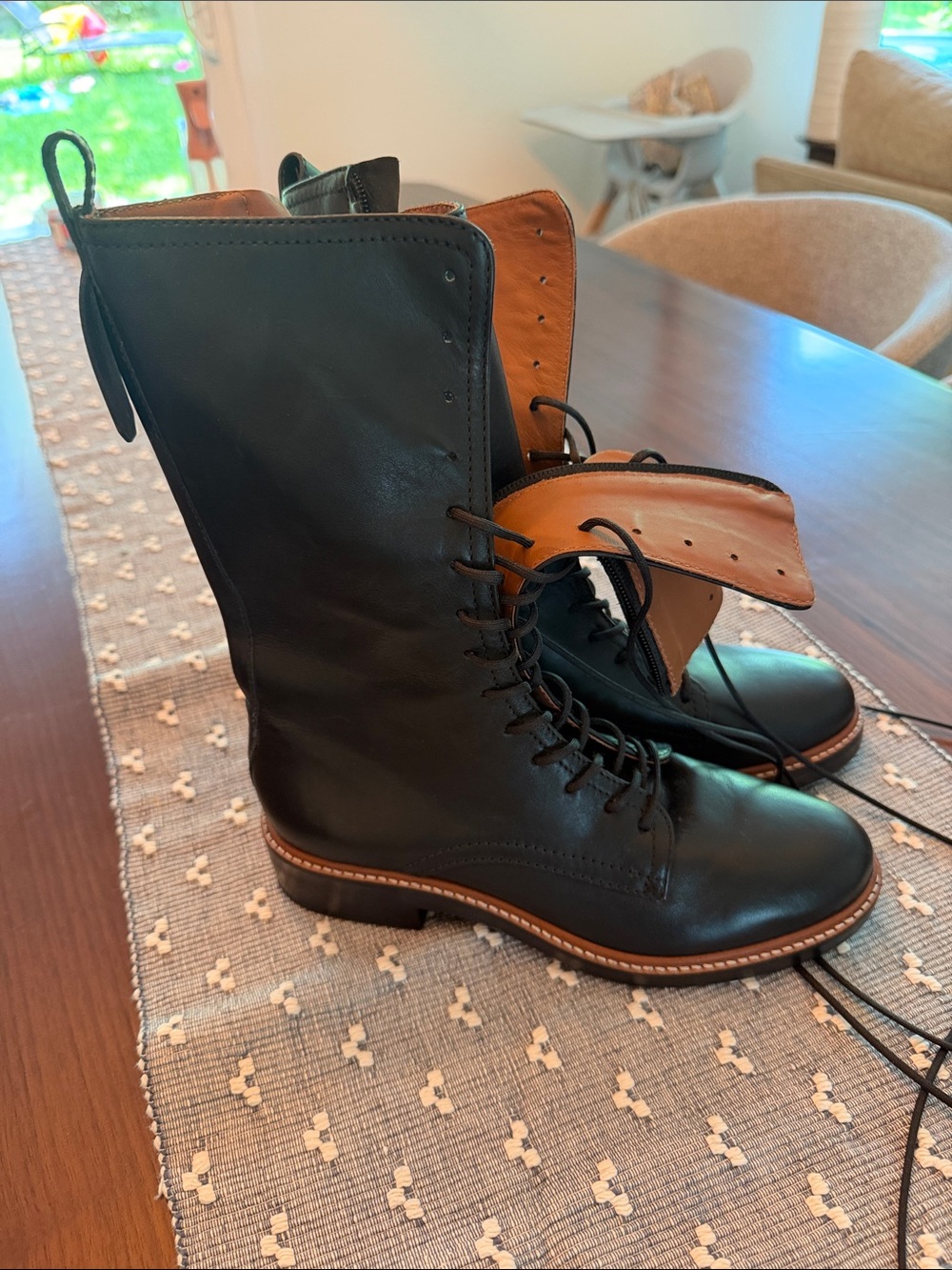 Reformation Black Leather Lace-Up Combat Boots with Brown Trim